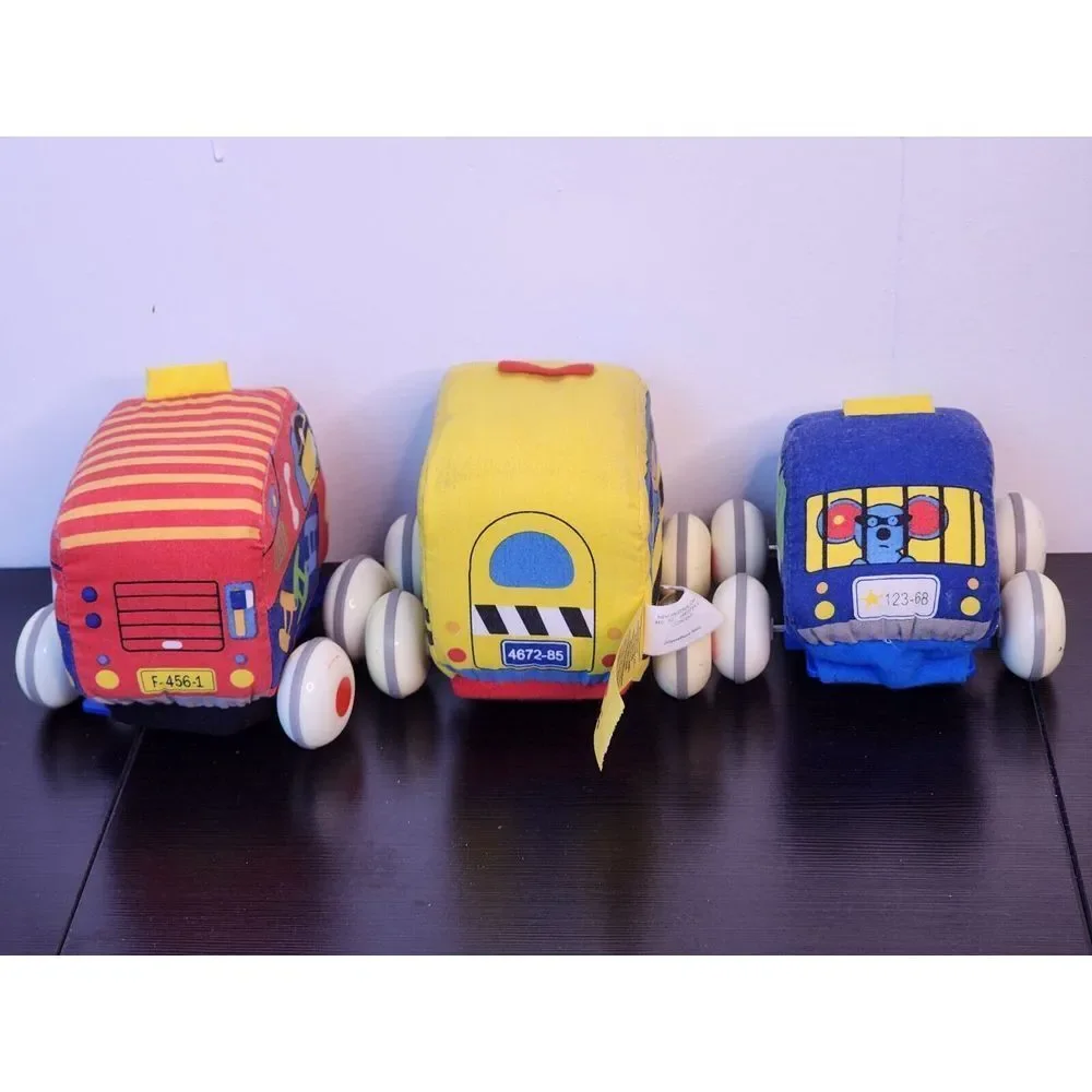 Melissa & Doug Ks Kid Pullback Vehicle Soft Cloth Plush Fire Police Bus Lot of 3
